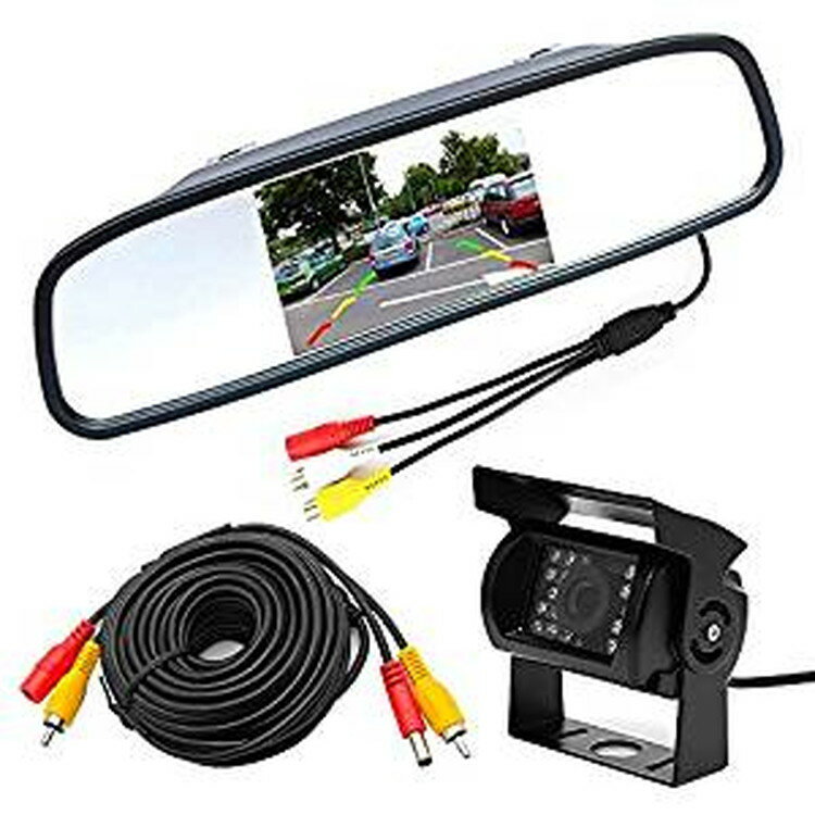 12V/24V兼用バックカメラセット トラック、バス、重機等対応 4.3インチルームミラーモニター+暗視防水..
