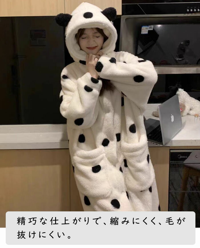 着る毛布 レディース パジャマ ルームウェア フリース ドット フード付き ロングカーディガン ガウン くま耳 ゆったり ふわふわ もこもこ 長袖 保温 防寒 裏起毛 厚手 秋冬 暖かい ナイトウェア 女性 大人 部屋着 寝巻き 可愛い 3