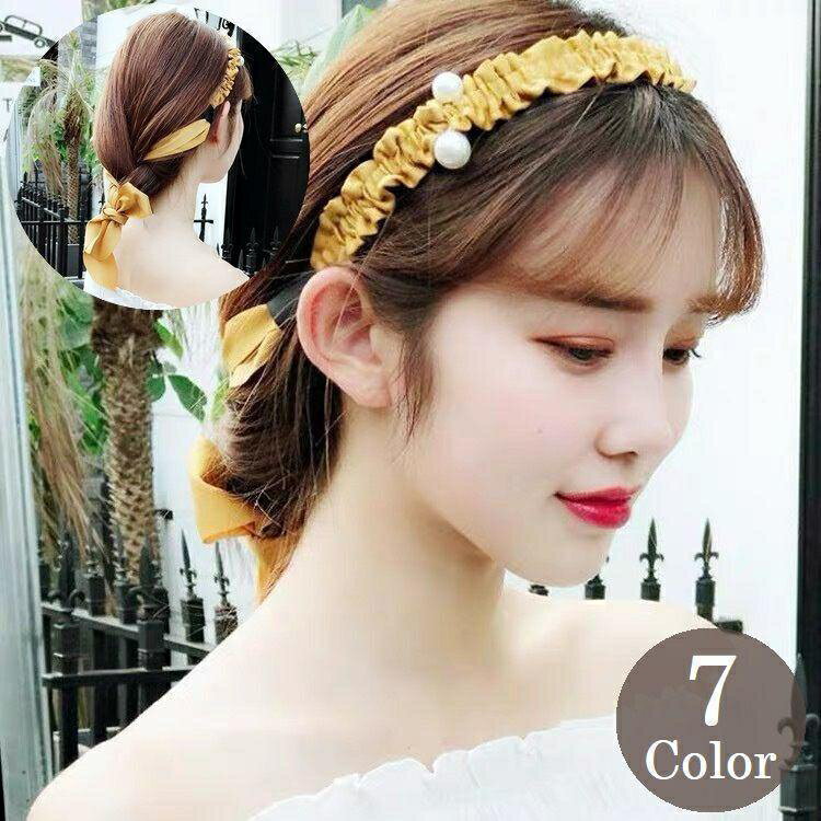 カチューシャ レディース ヘアアクセサリー 髪飾り リボン付き ヘアアレンジ 編み込み フェイクパール ..