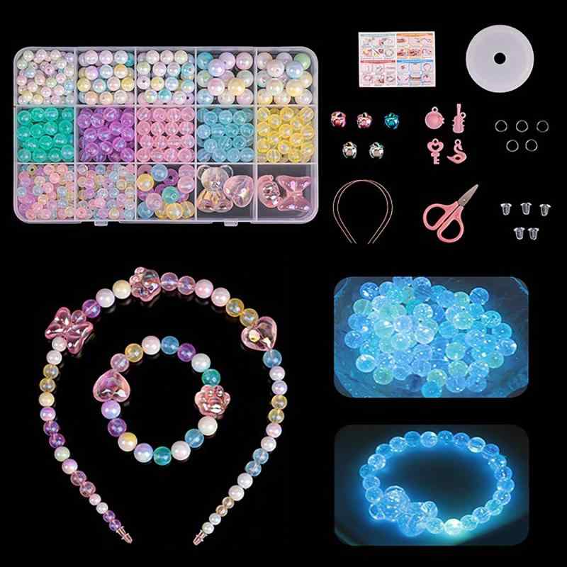 ビーズアクセサリーキット ビーズ アクセサリー ビーズセット 女の子 15種類 ビーズ 約350個 穴あきビーズ カラフルなパステルカラー 光るビーズ 子供用手...