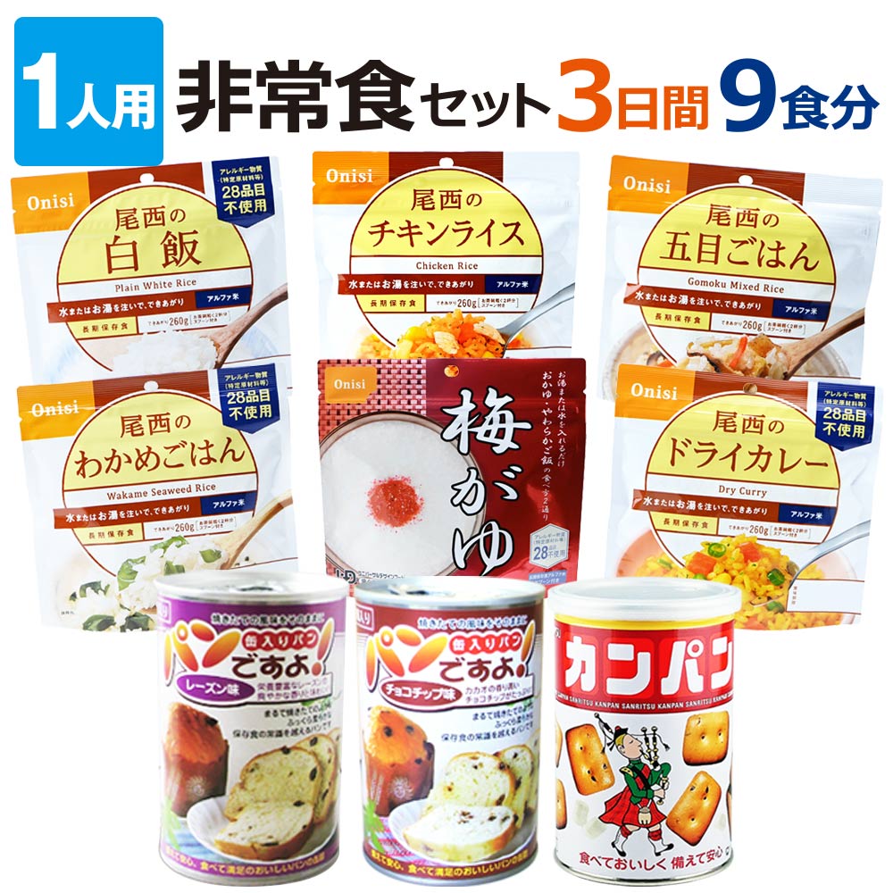 1人用／非常食 3日分（9食）セット 防災セット 防災用品 保存食 備蓄 食料 5年保存 家庭 企業 プレゼント ギフト 親 子供 息子 娘 父 母 アルファ米 カンパン パンの缶詰