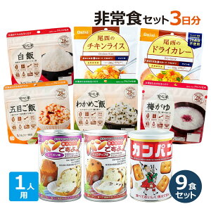 1人用／非常食 3日分（9食）セット 防災セット 防災用品 保存食 備蓄 食料 5年保存 家庭 企業 プレゼント ギフト 親 子供 息子 娘 父 母 アルファ米 カンパン パンの缶詰