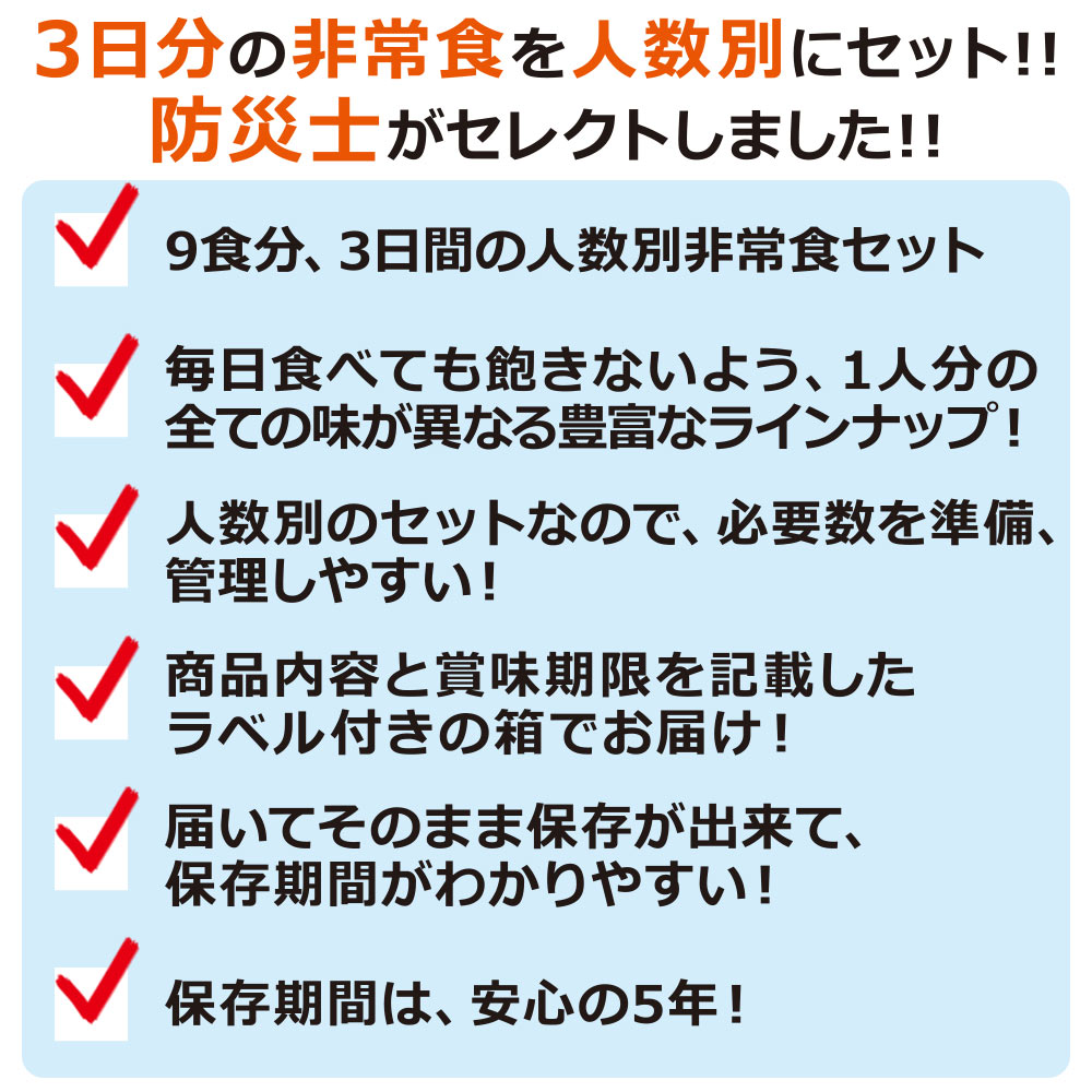 非常食セット 3人用 3日分（27食）非常食 防災セット 防災用品 保存食 5年保存 防災 災害 備蓄 食料 災害用 防災グッズ 備蓄用品 家族 家庭 職場 アルファ米 アルファ化米 パンの缶詰 サンリツ カンパン