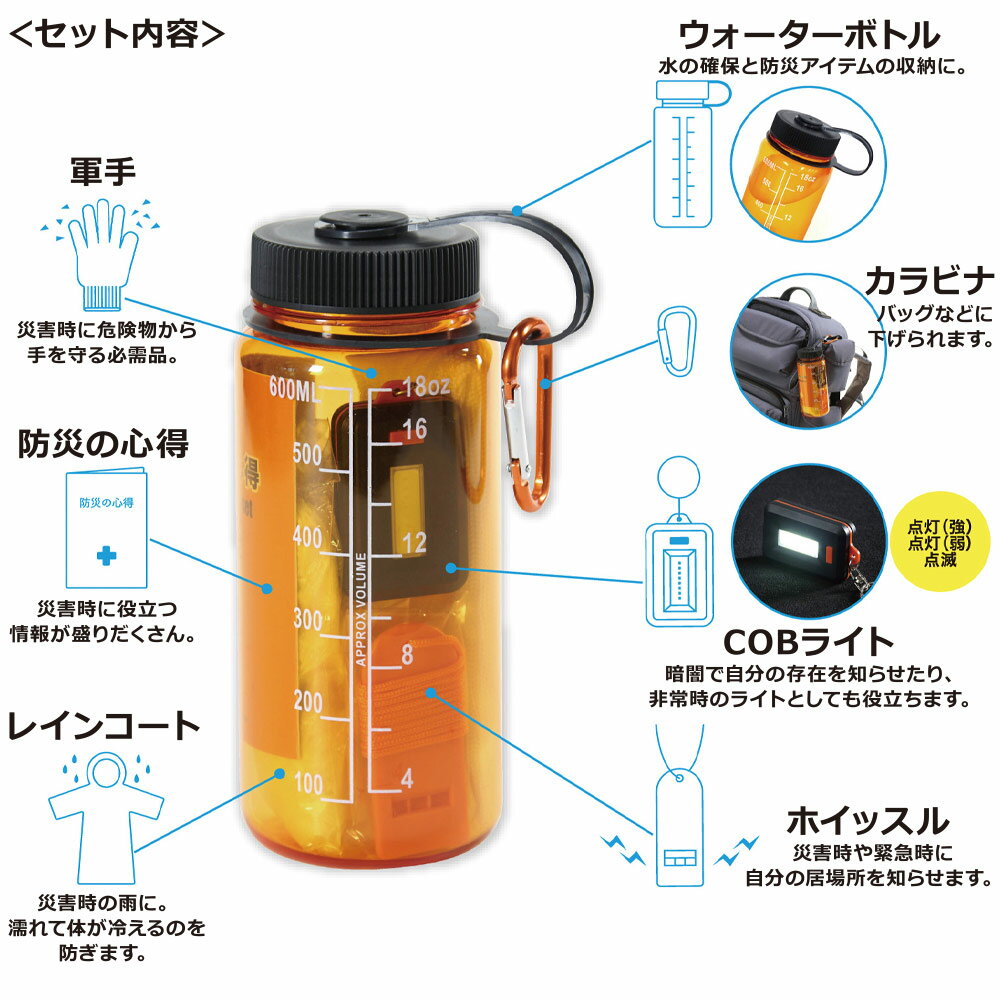 防災ボトル7点セット 7324／防災 避難セット 防災セット 防災用品 防災グッズ 非常用持ち出し袋 家族 地震 災害対策 一人用 非常用 ホイッスル 緊急避難 車載用 1人用 避難グッズ 軍手 ライト カラビナ ウォーターボトル アウトドア 登山 コンパクト