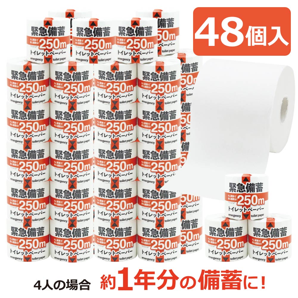 緊急備蓄 トイレットペーパー 250m シングル 48個入 5倍 芯なし 1R250S 防災グッズ 非常用 災害 備蓄用 備蓄 防災用品 業務用 家庭用 再生紙100％ エコ トイレ 便所 収納 コンパクト 省スペース 日用品 お歳暮 ギフト 学校 法人 団体 職場 企業 防災セット 10250004