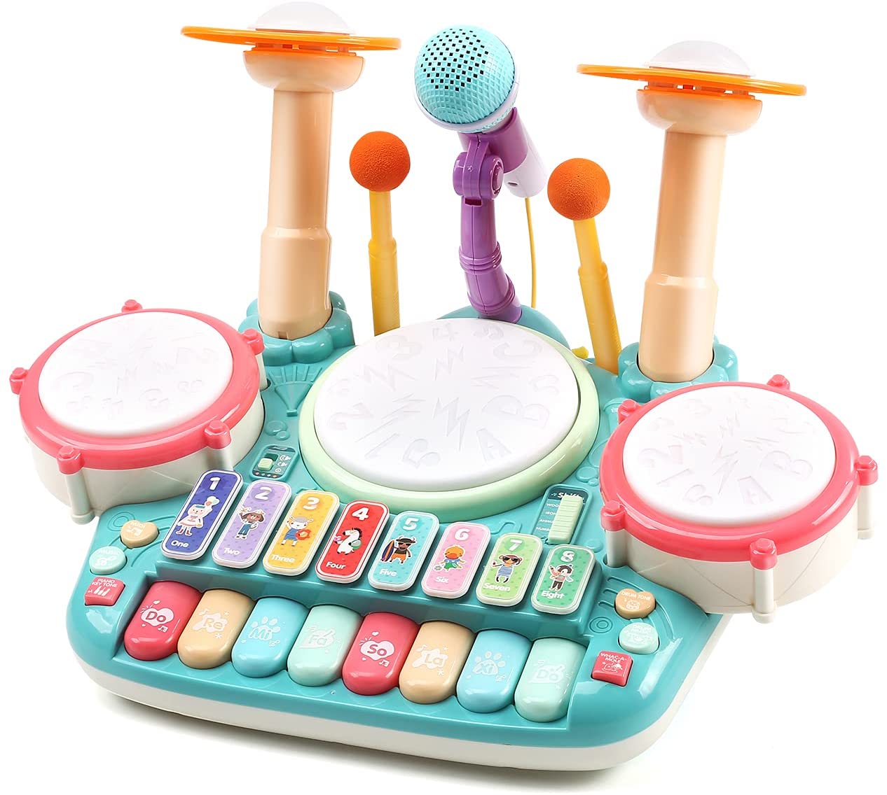 【5in1楽器玩具】この多機能の楽器玩具には、ドラムパッド、シンバル、ドラムスティック、マイクなどが付属し、3つの主要な楽器：ピアノキーボード、ビートドラムセット、電子木琴があります。更に、ピアノの4モード、木琴の4モード、ドラムの3モードとキーボードの4つの演奏方法があります。 【楽しくモード】1.電子木琴を演奏する4つの方法：グロッケンシュピールモード、木琴モード、動物モード（7匹の動物の音）、数字モード：1〜8の数字の発音 2.ビートドラムセットを演奏する3つの方法：演奏モード（ジャズドラムとジャンベ）、音楽モード（ドラムソングとビート）、モグラたたき：難易度の異なる5レベルの面白いモグラたたきゲーム。 【子供ための音楽教育】小さなミュージシャンのための完璧な学習音楽おもちゃになります。子供の音楽への興味を高め、子供の目と手の協調を強化し、ドラムを叩いてピアノキーボードを演奏することにより、細かい運動能力と聴覚感覚を発達させます。 【高品質】滑らかな表面を持つ高品質のプラスチック素材で作られているので、子供にとって安全の心配がないおもちゃです。誕生日、ハロウィーン、感謝祭、子供のための新年としての素晴らしいクリスマスギフトのアイデアになります。 【規格】本体のサイズ：43*33*28cm 梱包ケースのサイズ：43.3*27.5*14.5cm重量：1500G バッテリー：1.5VAA*4 （別売り）贈り物、お誕生日、クリスマスなどのプレゼントにピッタリ！商品に不具合がある場合、お気軽に弊店にご連絡ください。日本語サービスを提供します。
