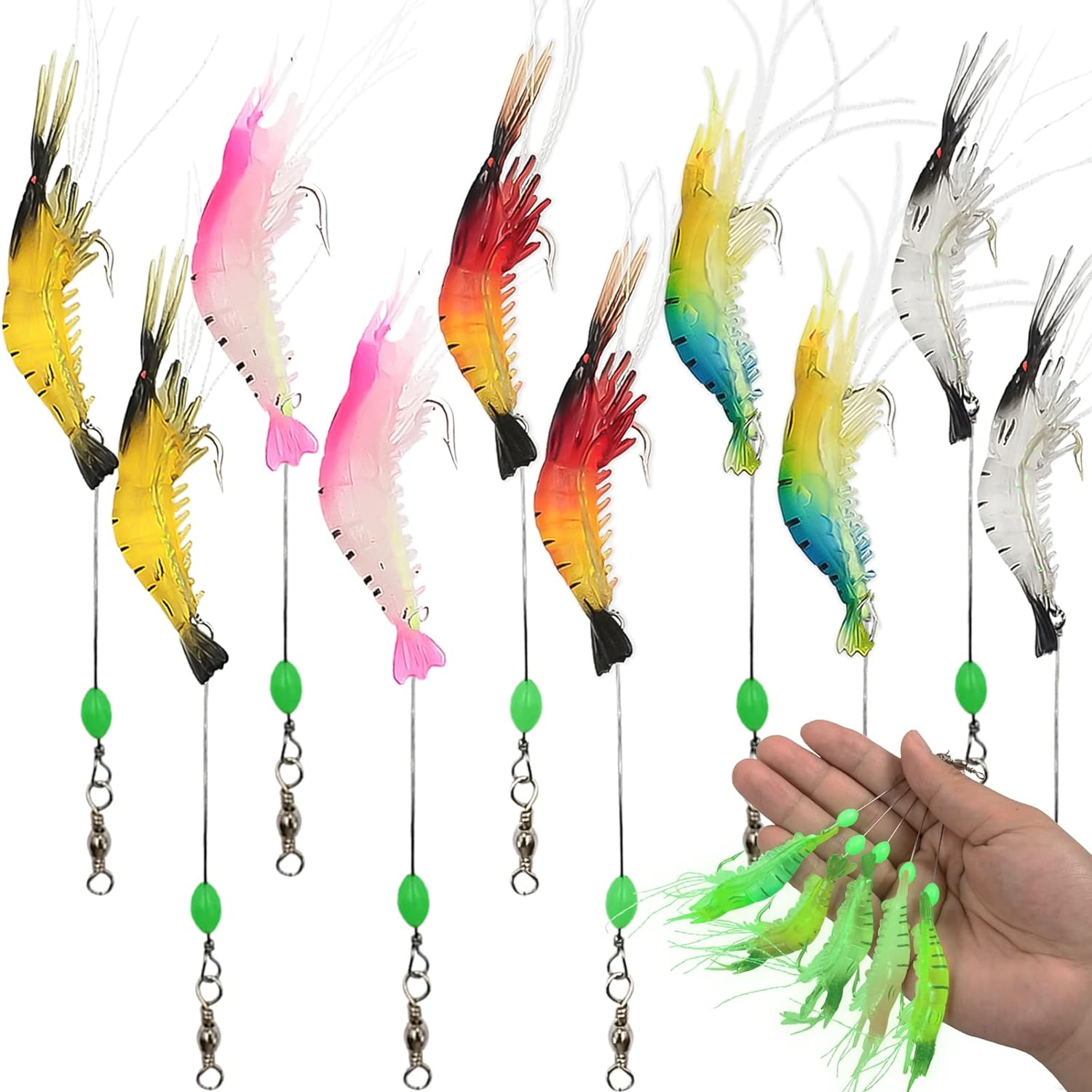 「送料無料」エビルアー10個 5色 釣りルアーキット エビワーム ソフト ルアー餌 擬似餌 夜釣り プラスチック製 光る釣り餌 釣りフック付け