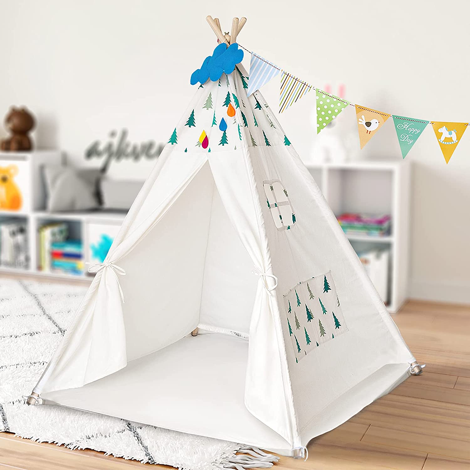 キッズテント テントハウス 子供テント インディアンテント 秘密基地 知育玩具 子供用テント kids tent 睡眠テント 収納バッグ付き お誕生日 出産祝い プレゼント 下敷き付き 三角旗付き（ホワイト）