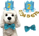 ペット 誕生日帽子 蝶ネクタイ 犬 猫 花 王冠 数字付き クラウン キラキラ おしゃれ クリスマス 記念日 誕生日グッズ 2個セット (ブルー)(4)
