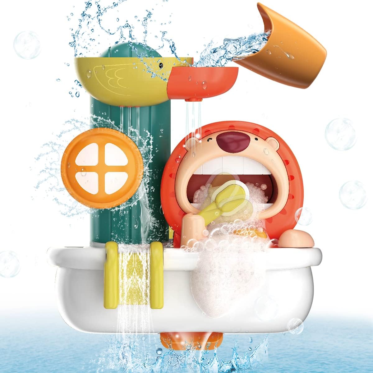 【入浴をもっと楽しくする】：子供たちはバスルームのおもちゃに水をやり、バスルームの機械は水循環を形成し、入浴してライオンボタンを押すことでライオンの歯を磨くのをシミュレートできます。 【手と目の協調性を発達させる】このお風呂用おもちゃは、子供たちへの素晴らしい学習ギフトでもあり、赤ちゃんの精神的および協調性のスキルを発達させるのに役立ちます。 幼児はカップに水を入れ、シャワーでプロペラを回転させて滝を作り、ベビーシャワーのおもちゃで遊ぶことで、手と目の協調、運動能力、形の認識を発達させることができます。 【安全で電池不要で滑らかなエッジ】：バスルームの壁のおもちゃは、耐久性のあるプラスチック素材とBPAを含まないお風呂用おもちゃでできており、1 234歳の男の子と女の子のための環境にやさしく安全で楽しいお風呂用おもちゃです。 浴槽のおもちゃは滑らかなエッジを持ち、よくできています。 このお風呂用おもちゃは電池を必要としません。 これにより、赤ちゃんが怪我をすることを心配する必要がなくなります。 【取り付けと乾燥が簡単】：浴槽のおもちゃの裏側に4つの頑丈な吸盤があります。吸盤を浴槽またはバスルームの滑らかな壁に固定するだけです。 どこでも変更して、いつでも再接続できます。 お風呂用おもちゃは空気を循環させて水を完全に排出させ、お風呂用おもちゃを完全にきれいにすることができるので、乾いた清潔な状態を簡単に保つことができます。 【幼児向けギフトに最適】：子供たちが入浴に夢中になるバスルームプレイセットは、子供たちのクリスマス、イースター、誕生日、その他のホリデーギフトに最適です。