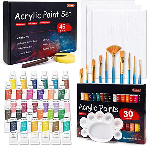 アクリル絵の具 アクリル顔料 46点セット 30色 ペイントブラシ10本 パレート付き 速乾 耐久 チューブ 12ml 手作り 布/石/ガラス/セラミックに描け...