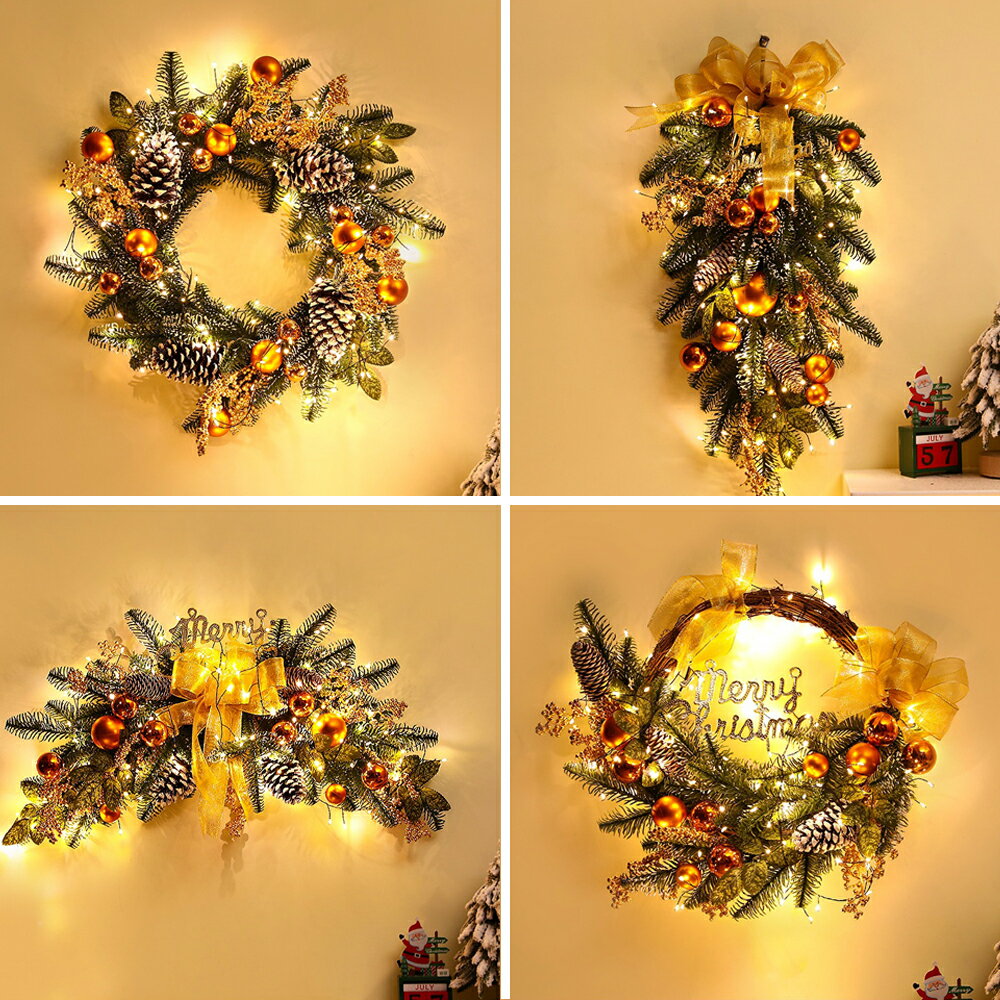クリスマスリース シャンペンカラー 10 種類 藤条デザイン / 縦型 / 横型 / 帯状 LED / LED なし 玄関ドア掛け クリスマスツリー吊飾 インテリア装飾 ショーウィンドウ布置 北欧スタイル ナチュラル 上品 家庭用 店舗用 冬デコレーション クリスマスギフト プレゼント