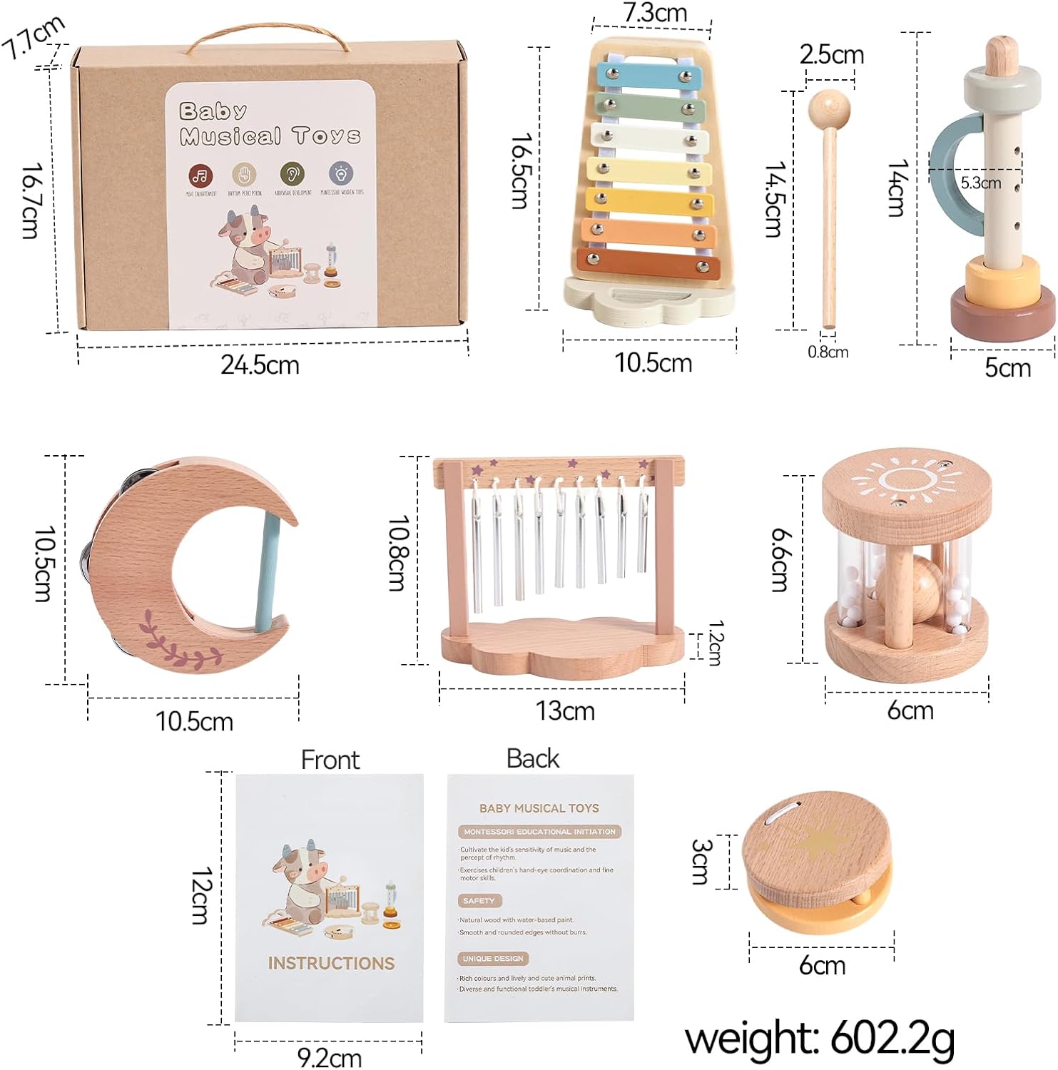 楽器 おもちゃ 打楽器 子供用 音楽啓蒙 6 点セット 木のおもちゃ モンテッソーリ音楽おもちゃ 木琴 ラッパ カスタネット タンバリン ガラガラ ウィンドチャイム 幼児用 知育玩具 1～4 歳 誕生日 出産祝い プレゼント 2