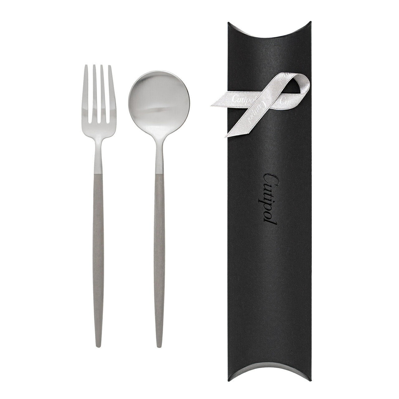 【正規取扱店】 クチポール GOA デザート 2本 ギフトセット ウォーム グレー / シルバー ピローボックス入り 純正リボン デザート フォーク スプーン 各1本 Cutipol ゴア カトラリー