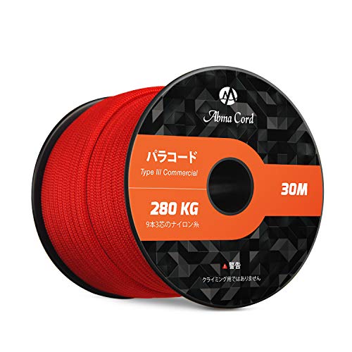 色：レッド・赤 サイズ：30m Abma Cord パラコード 4mm 9芯 パラシュートコード ガイロープ 耐荷重280kg テントロープ サバイバル アクセサリー制作用（30m/50m） 1