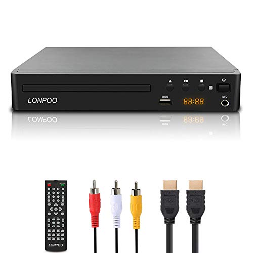 色：黒 LONPOO DVDプレーヤー リージョンフリー HDMI/AV出力1080P CPRM再生可能 USB2.0入力 カラオケ用マイクジャック LEDディスプレイ PAL/NTSC対応 コンパクトDVDプレーヤーテレビ用 HDMI/AVケーブル付き