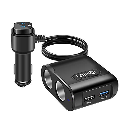 色：ブラック Te-Rich シガーソケット 2連 usb 車載充電器 分配器 QC3.0急速充電 カーチャージャー 2USBポート 最大80W ヒューズ 12V/24V対応 電圧計 LED付き 延長コード 1m 車用ソケット 増設 電源ソケ