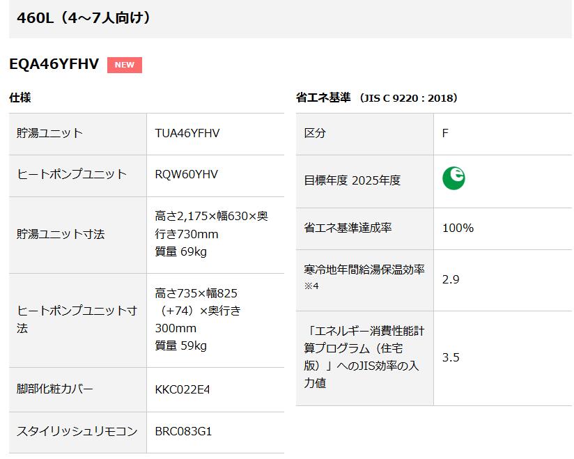 【商品発送のみ】ダイキン エコキュート Aシリーズ EQA46YFHV 460Lタイプ （4〜7人向け） 脚部カバー付 DAIKIN フルオートタイプ リモコン付 460L