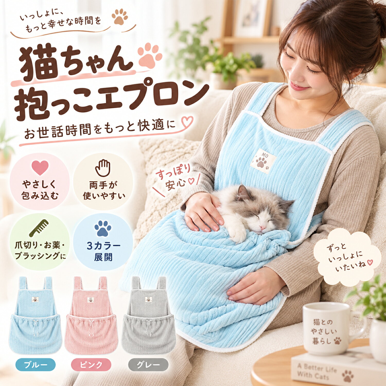 ★最大15%オフクーポン★抱っこできる猫用エプロン カンガルー 前ポケット 抱っこひも ネコ用 お手入れエプロン 爪ケア 耳ケア 抜け毛対策 部屋着 ルームウェア かわいい コーデュロイ調起毛 プレゼント ギフト