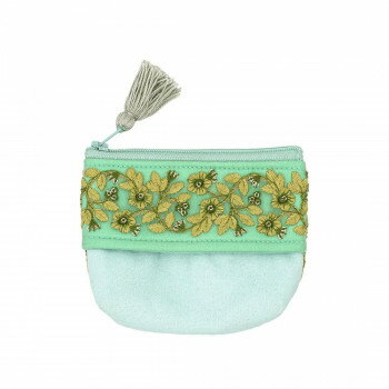 インド刺繍リボン ティッシュケース付ポーチ ミントグリーン 13124000413【送料無料】 メール便対応商品