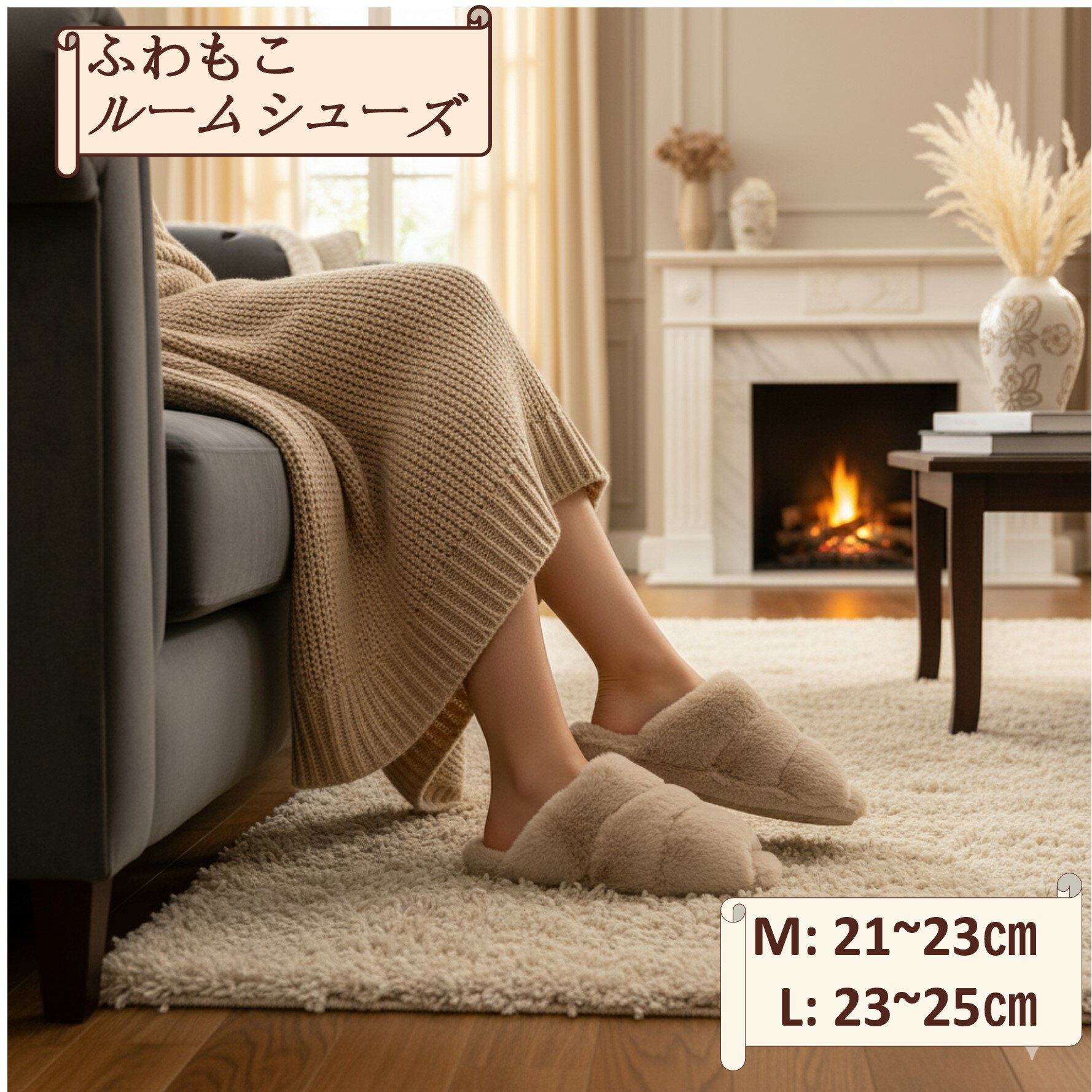 Rakuten - S.D.S「Boappa」 ボアスリッパ 　4カラー　4点Set　　ベージュ/ブラウン/グレー/ピンク　　21cm～25cm　ウォッシャブル