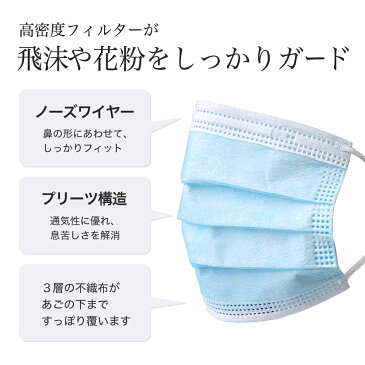 在庫あり マスク 50枚 大人用 ブルー 国内発送 2個で送料無料 検品済み 3層構造 不織布 飛沫 花粉 対策 在庫有り