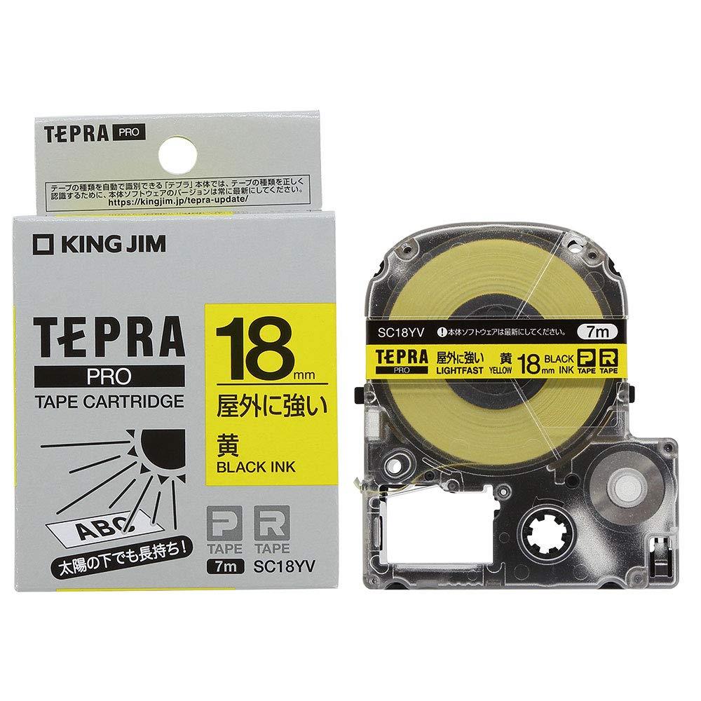 サイズ：18mm◆商品名：キングジム 【純正】 テプラPROテープカート リッジ 屋外に強いラベル 18mm 黄ラベル/黒文字 長さ7m SC18YV紫外線に強く、高い伸縮性、強い粘着性の屋外での使用におすすめのラベルです当社従来品の約5倍の耐久性 ※紫外線による劣化に対する耐久性（当社調べ）品番：SC18YV長さ：7m　幅：18mmラベル色：黄　文字色：黒●太陽の下でも長持ち！