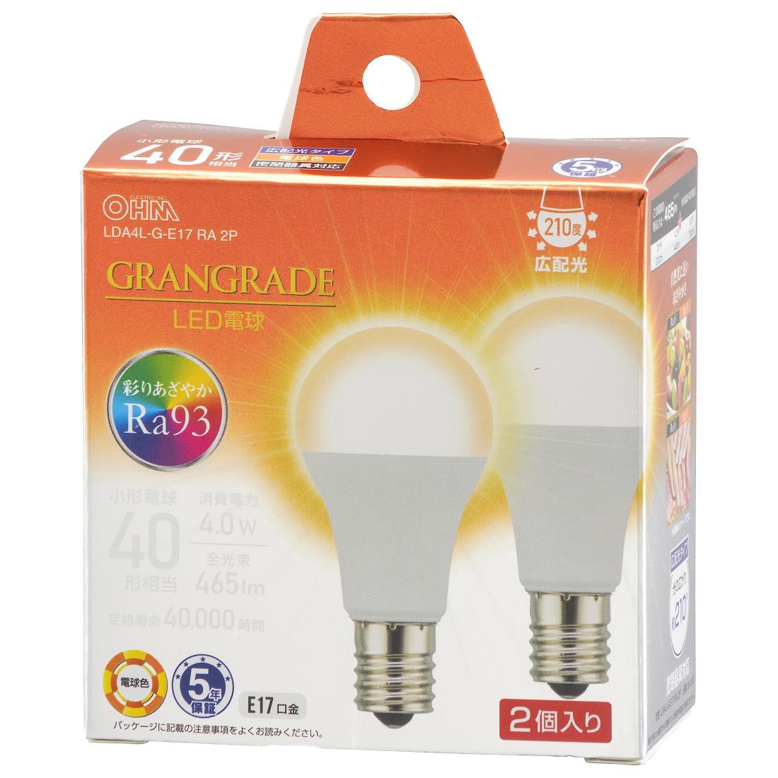 【BLAC FRIDAY★ポイント最大47倍】オーム(OHM) 電機 LED電球小形 E17 40形相当/40W相当 電球色 Ra93高演色 密閉器具対応 断熱材施工器具対応 ミニクリプトン形 5年 2個入 LDA4L-G-E17 RA 2P 06-5560