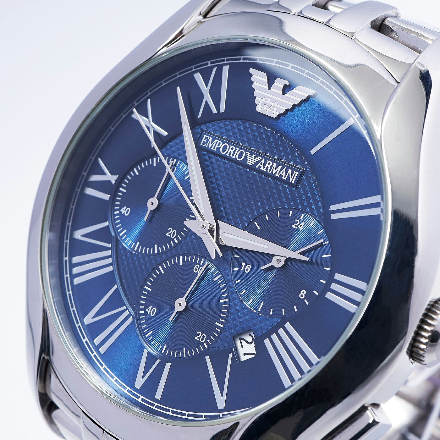 Brand Shop Lifiaのエンポリオ アルマーニ EMPORIO ARMANI 腕時計 メンズ AR1787 クラシック アナログ クォーツ ブルー×シルバー ドレスウォッチ 電池交換済 動作確認済 ブランド 正規品 スーツ ビジネス ギフト 誕生日 プレゼント 極美品 箱付き 中古 極美品｜アングル2