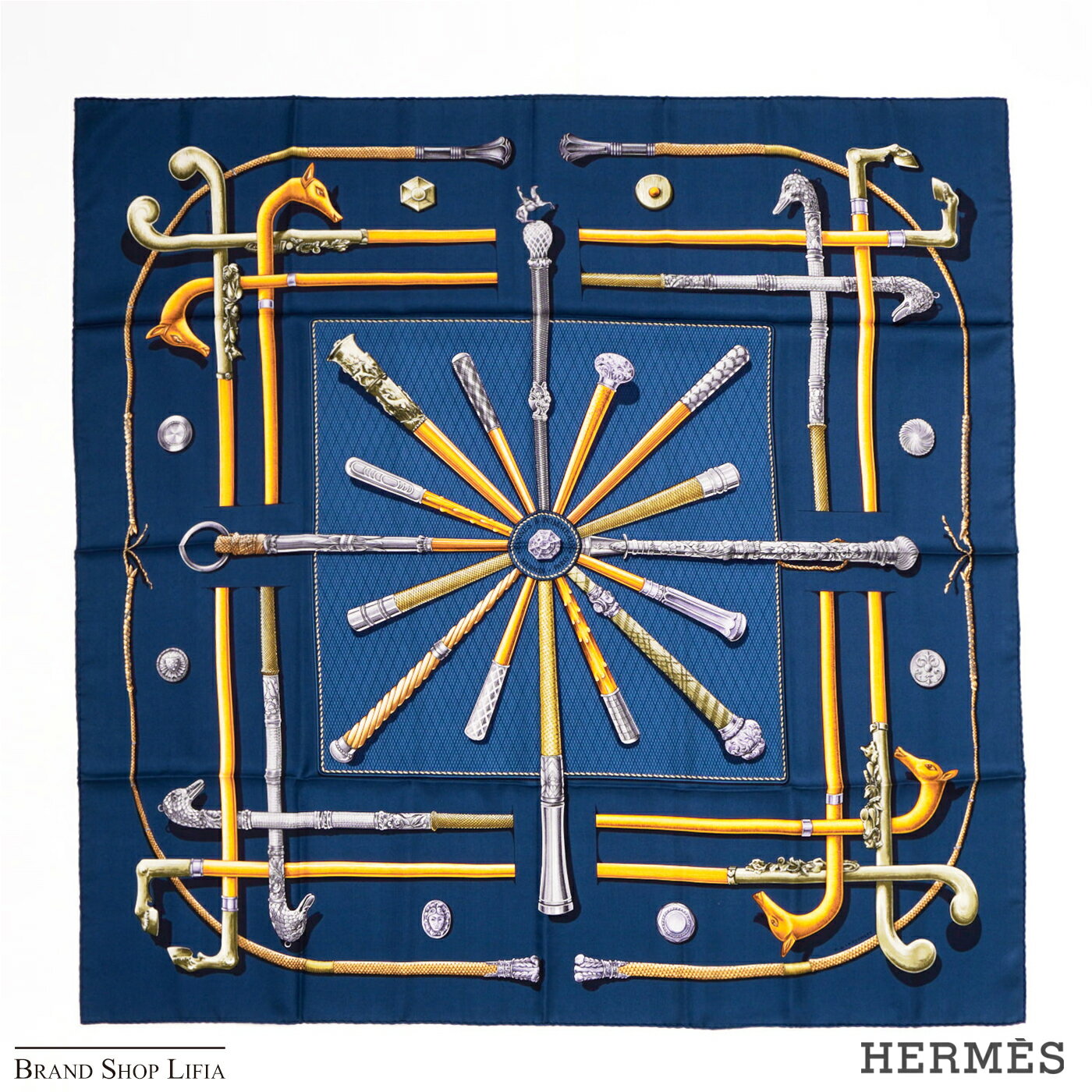 エルメス HERMES カレ90 CANNES & POMMEAUX ステッキ シルク スカーフ ネイビー系 大判 シルクスカーフ 正規箱付き ファッション レディース ブランド ギフト 正規品 中古 美品