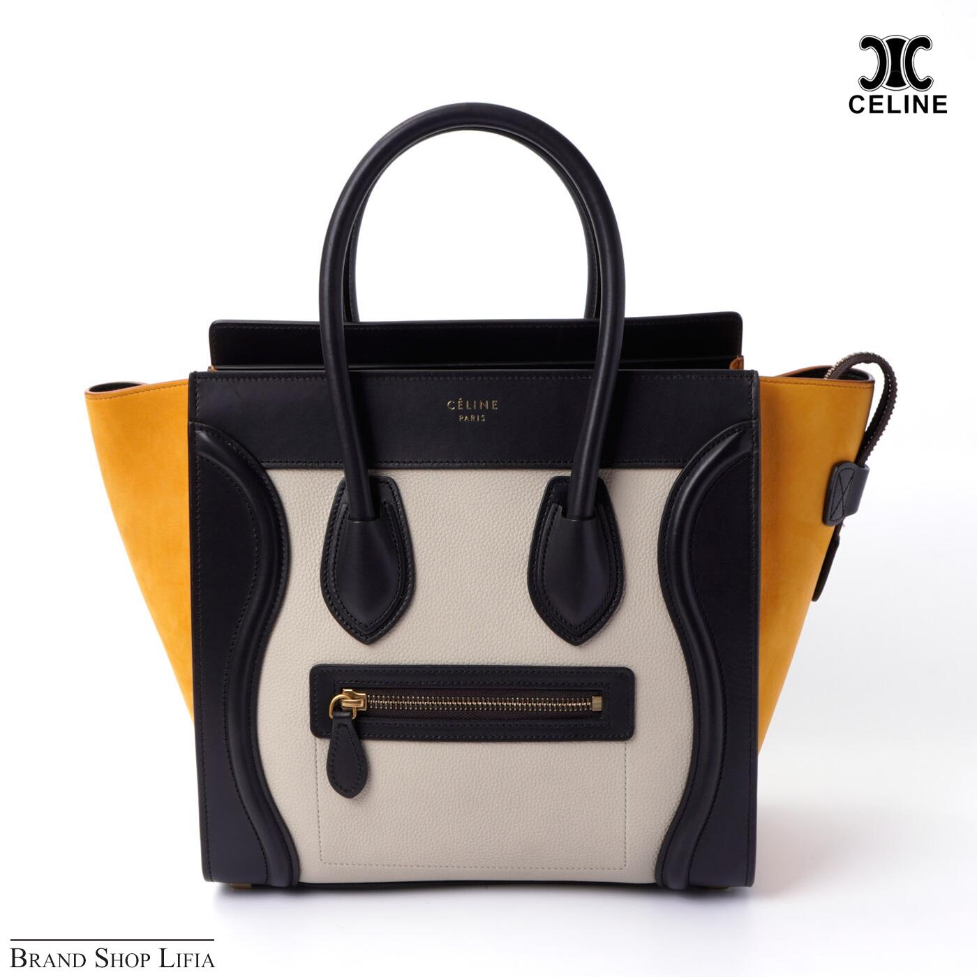 セリーヌ CELINE ハンドバッグ ラゲージ マイクロ ショッパー レザーxスエード トートバッグ ベージュxブラックxイエロー レディース ブランド 中古 美品