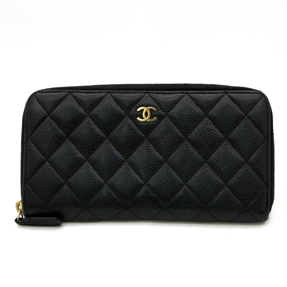 【中古】CHANEL シャネル マトラッセ キャビアスキン ラウンドジップウォレット ココマーク ブラック ギャランティカード付 ブランド