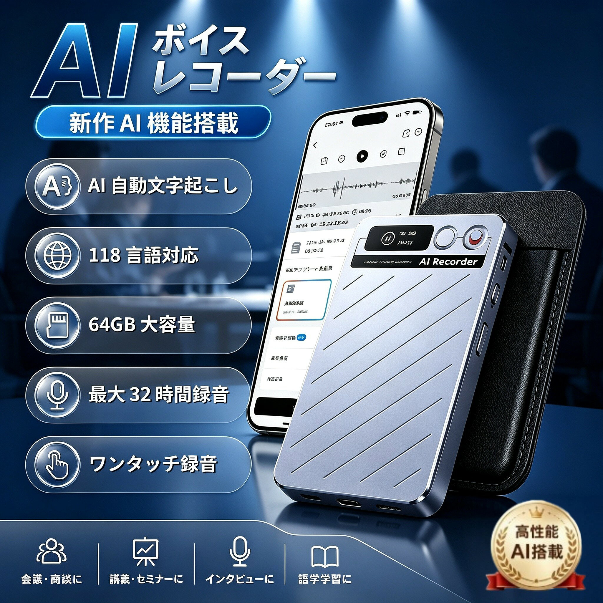 【2026最新AI搭載】AIボイスレコーダー 文字起こし ICレコーダー 64GB大容量 ワンタッチ録音 通話録音 AI要約 118ヶ国語対応 最大32時間録音 スマホ連携 PC対応 会議録音 議事録作成 ボイスメモ ビジネス 学習用