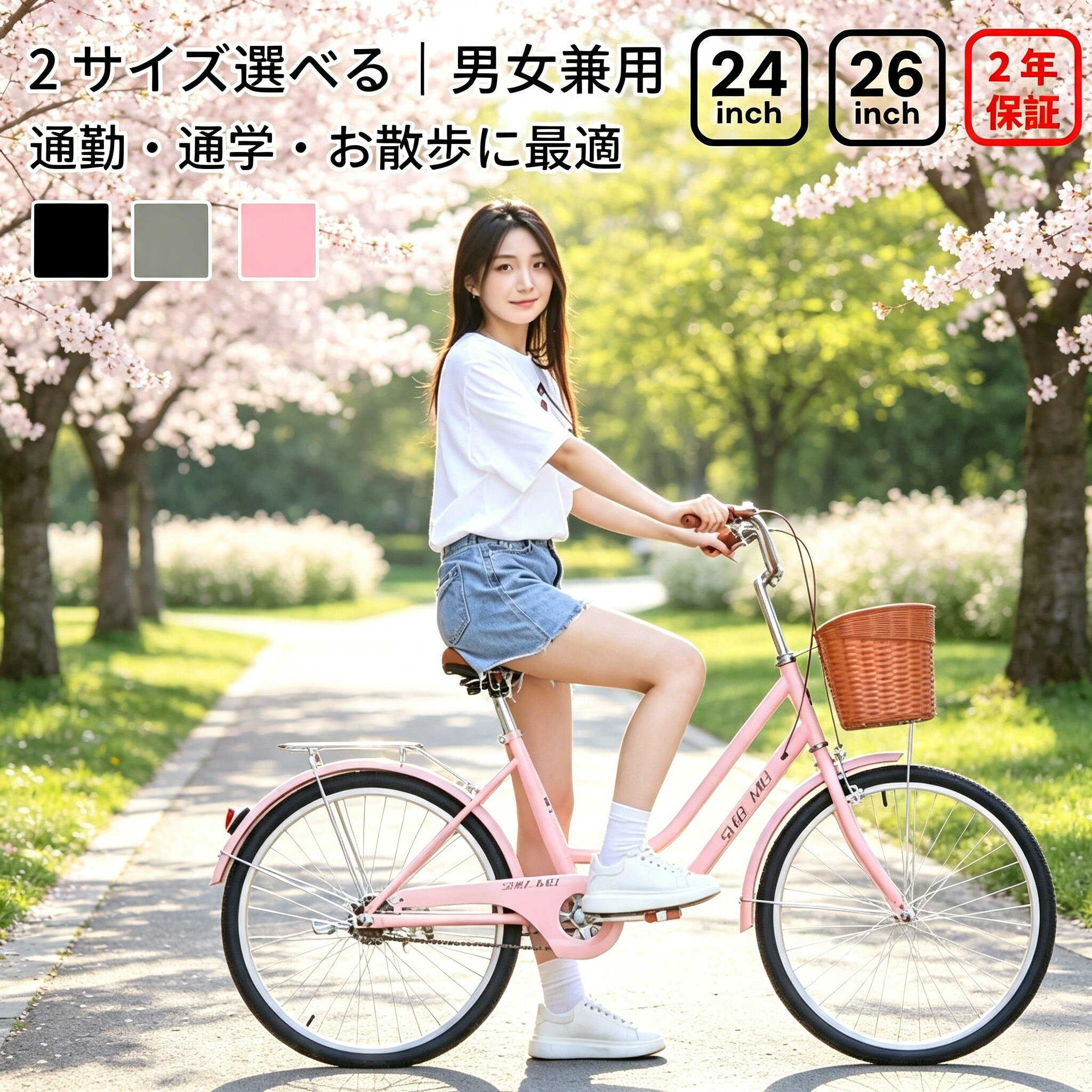 ＼業界大好評／自転車 シティサイクル 24 インチ / 26 インチ選択可 男女兼用 前かご付き おしゃれ 厚手炭素鋼フレーム アルミリム ワイドタイヤ 高感度ブレーキ 通勤 通学 買い物 3 色展開 安心 2 年保証 ※商品は組立必要