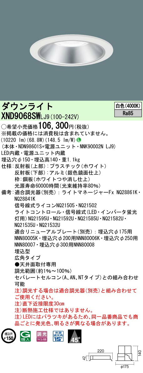 [ˡ�͸���] XND9068SW LJ9 �ѥʥ��˥å� �������� ŷ������� LED �� ������饤�� �ӡ����45�� ���ѥ����� Ĵ�� �饤�������� ��15...