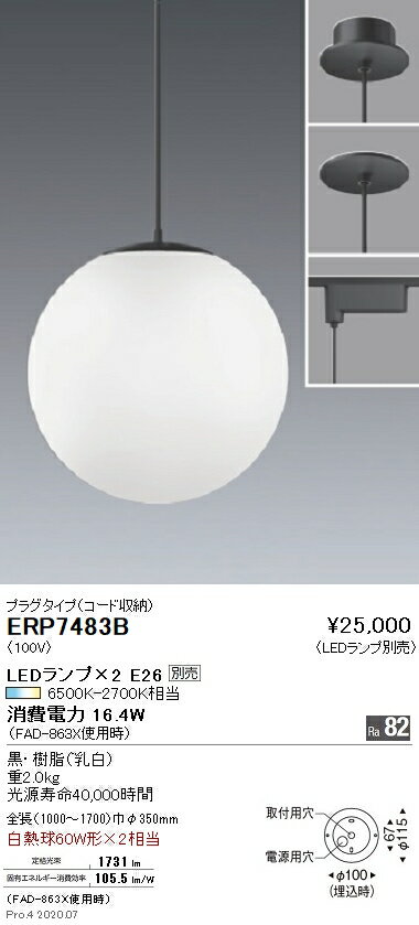 Rakuten - 【15,000円〜送料無料※】遠藤照明 LEDペンダントライト ERP7483B 電球別売 プラグタイプ (※北海道・沖縄・離島を除く)
