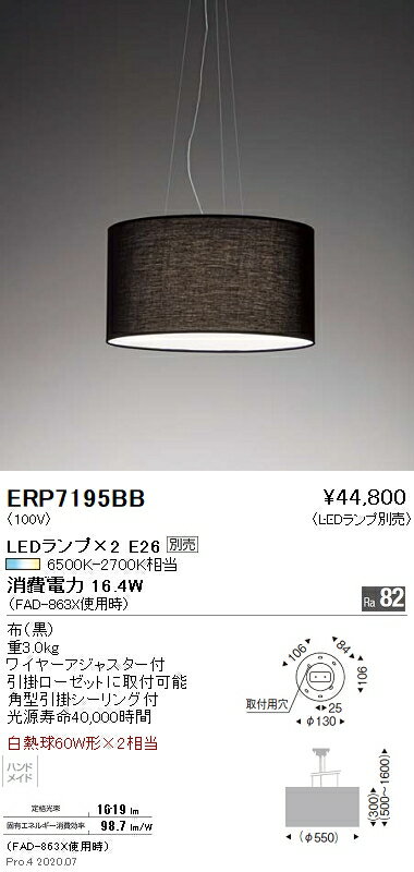 【15000円〜送料無料※】遠藤照明 LEDペンダントライト ERP7195BB 電球別売(※北海道・沖縄・離島を除く)