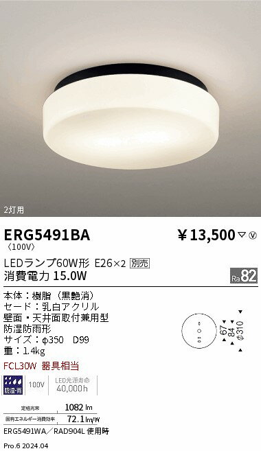 【15,000円〜送料無料※】遠藤照明 アウトドアシーリング／Φ350／黒／E26×2 ERG5491BA (※北海道・沖縄・離島を除く)