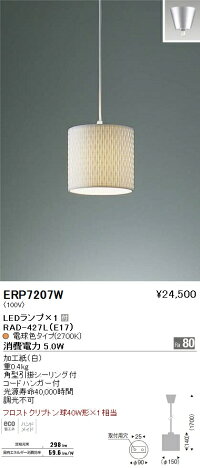 【10,000円以上送料無料(北海道?沖縄?離島を除く)】遠藤照明ENDOLEDペンダントERP7207W