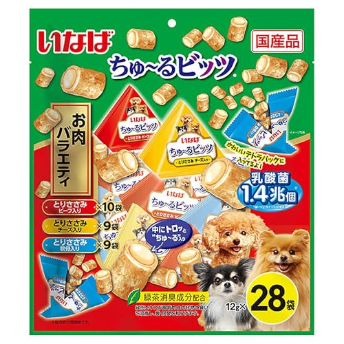 -/-/DS-412・パッケージ個数:1・外はふっくら、中はトロッとちゅ〜る入りで2つの食感が楽しめます。・乳酸菌1.4兆個（1袋あたり500億個）配合で、わんちゃんの健康を維持し、お腹の調子を保ちます。・3つの味が楽しめるバラエティパック。商品紹介 外はふっくら、中はトロッとちゅ~る入りで2つの食感が楽しめます。 乳酸菌1.4兆個(1袋あたり500億個)配合で、わんちゃんの健康を維持し、お腹の調子を保ちます。 3つの味が楽しめるバラエティパック。 使用上の注意 鶏ささみ由来の成分が黒く変色することがありますが、品質には問題ありません。 原材料・成分 たんぱく質21.0％以上、脂質4.2％以上、粗繊維0.1％以下、灰分2.0％以下、水分72.5％以下、約20kcal/袋 使用方法 愛犬の体重に応じて下記量を目安におやつとしてお与えください。 　 3kg 以下：2袋/日、5kg：3袋/日、8kg：4袋/日、10kg：5袋/日