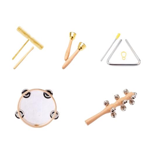 Asdays 楽器 セット 打楽器 ウッドブロック トライアングル タンバリン 子供 演奏 (5点セット)