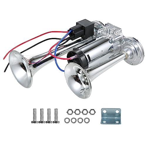 12V 爆音ヤンキーホーン エアー式 汎用品です。電圧：12V　カラー：クロームメッキ　音量：100〜120db　材質：クロムメッキ亜鉛およびアルミニウム合金素材。純正ホーンでは今一つ…。高迫力爆音ヤンキーホーンにカスタマイズしてください。爆音サウンドは動画で確認いただけます。再生の際は音量にください。・エアタンクとホーン一体型電磁ポンプ。ホーンエアコンプレッサーは強力な空気圧で高速応答し安定したパフォーマンスを発揮します。エアー切れの心配もありません。ビスやワッシャー等、接続部品を付属していますので、直ぐ取り付け可能です。・ホーンサウンドは「パーッ」という甲高い爆音ヤンキーホーンサウンドです。トラッカーの方々に末永く愛されいるサウンドを手に入れてください。・材質は高品質のクロムメッキ亜鉛およびアルミニウム合金素材で剛性、耐久性、耐摩耗性、耐腐食性に優れ長寿命です。汚れはダスターで拭き上げれば元の輝きを維持できます。カスタム初心者の方でも簡単に取り付けが可能ですので、カスタム好きの方なら容易に設置可能です。※取り付けの際、加工が必要となる場合があります。・※モニタ