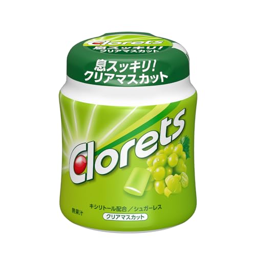 マスカットの爽やかな香りとジューシーな甘さ、ほどよい酸味・さっぱりした甘みと酸味・スッキリ清涼感のある後味商品紹介 パリッとガムを噛んだ瞬間、マスカットの爽やかな香りとジューシーな甘さ、ほどよい酸味が口の中に広がる さっぱりした甘みと酸味に加えて、クロレッツらしいスッキリ清涼感のある後味が広がります ほどよい甘さとスッキリ感で飽きずに噛み続けることができる 原材料・成分 マルチトール（中国製造またはタイ製造）、還元水飴、食用油脂、緑茶エキス／甘味料（ソルビトール、キシリトール、アスパルテーム・L-フェニルアラニン化合物、アセスルファム K、スクラロース）、ガムベース、アラビアガム、酸味料、香料、マンニトール、レシチン、ステアリン酸Ca、植物ワックス、着色料（ウコン色素、スピルリナ色素、銅葉緑素）、（一部に大豆を含む） 大豆を含みます。