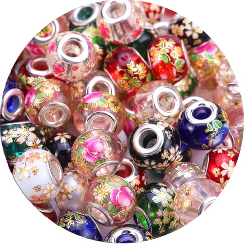 AIPRIDY 50 Pcs 15 x 11 mm Murano大穴銀黄銅芯ガラスビーズヨーロッパジュエリービーズ (日本手描き)