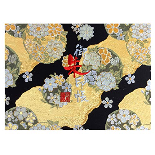 樂天商城 - 千糸繍院 御朱印帳WL【黒金鞠花】西陣織 金襴装丁/刺繍文字 蛇腹式48ページ 見開き大判 (銀色刺繍文字／生成り本文)