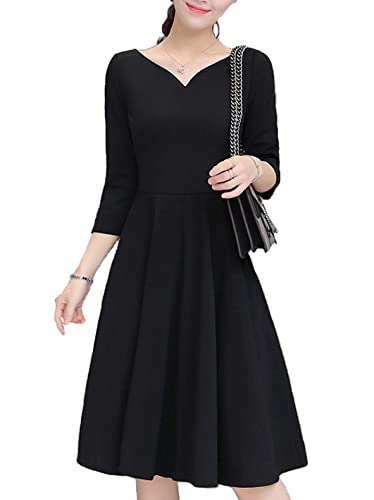 樂天商城 - [ルナー ベリー] ドレス キレイめ ブラック ワンピース 無地 膝丈 七分袖 上品 バレリーナネック レディース 4408 (XL ブラック)