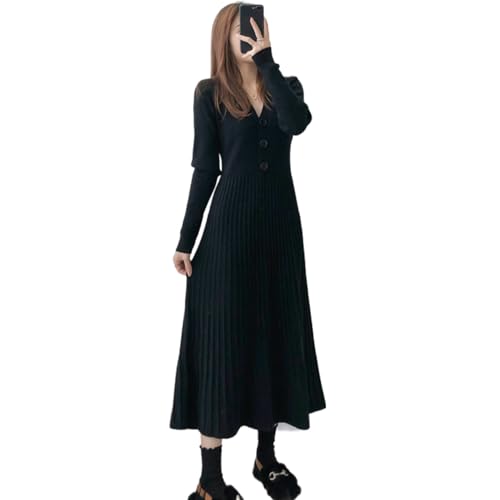 樂天商城 - [JINJUDUO] ニットワンピース レディース 秋冬 ニットドレス Vネック 長袖 セーター 上品ワンピース きれいめ ハイウエスト Aライ