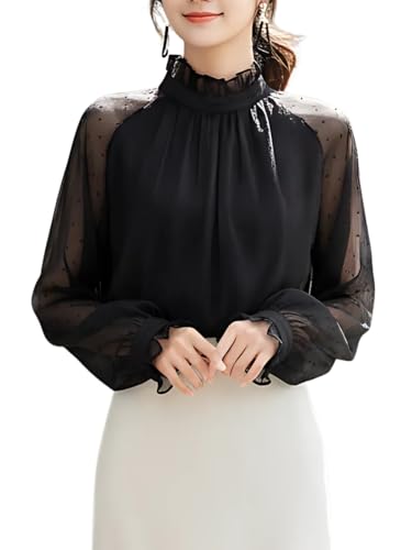 樂天商城 - [グリーンティー] レースブラウス シースルースリーブ 長袖 総レース きれいめ 襟付き 演奏会 スプリング ユッタリ 細見え ブラック レディ