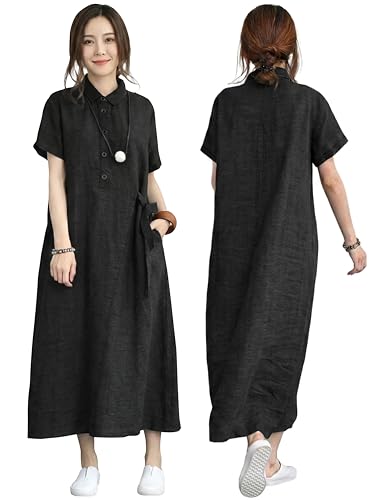 樂天商城 - [ROOOOM] ワンピース レディース 春 夏 ロング シャツワンピース 半袖 綿麻風 Aライン ゆったり 体型カバー マキシ 襟付き 無地
