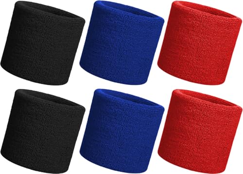 ブラック+ネイビー+レッド/8cm×8cm/-・Color:ブラック+ネイビー+レッド・【商品説明】素材：コットン製、無地でシンプルなリストバンド6個セットです。サイズ（平置き）：約8cm×8cm（フリーサイズ）。適度な厚みで、子供から大人まで使える男女兼用デザイン。・【吸汗性抜群】このリストバンドは、運動中の手首の汗をしっかり吸収するだけでなく、タオル代わりに顔の汗を拭くのにも便利です。また、洗顔や手洗い時に水が腕に広がったりこぼれたりするのを軽減・防止し、袖口を濡らしません。・【通気性が良い】二重層設計により、リストバンドは通気性に優れているため、運動中も蒸し暑さを感じず、スポーツに集中できます。夏場でも快適にご使用いただけます。・【高い伸縮性】特殊な高弾性繊維を使用しており、伸縮性が良く、軽量で手首を圧迫しません。手首関節への負担を軽減し、運動中のストレスを和らげます。さらに、繰り返しの着用や洗濯でも形が崩れにくい設計で、長期間使用してもフィット感をキープします。・【手首に優しいストレスフリー設計】柔らかい生地を使用しており、抜群の着用感を実現。ふんわりと